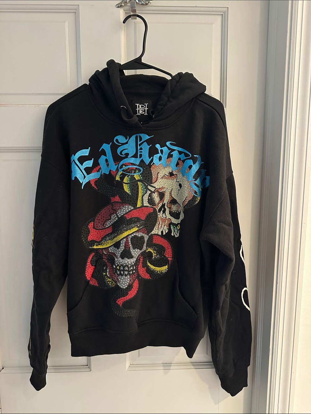 Ed Hardy Black Hoodie with Blue, Red, Yellow Skull Graphic